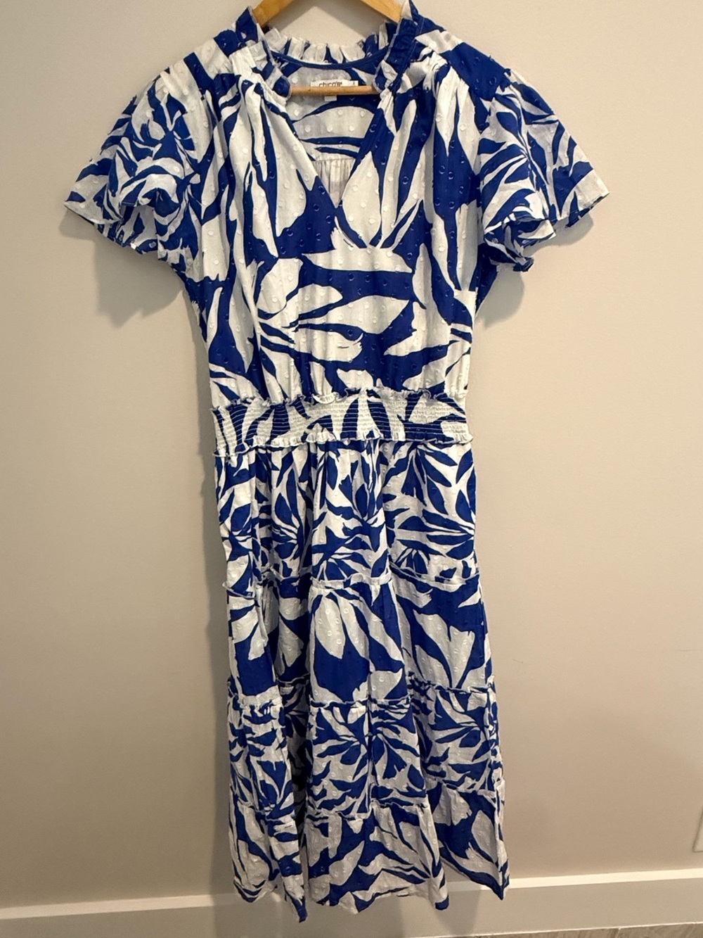 Chico's Flutter Sleeve Blue White Tropical Maxi Dress Size 2 US 12 Cotton Resort - Picture 3 of 15